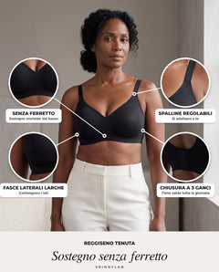 Reggiseno Tenuta nero: dettagli senza ferretto, fasce laterali, spalline regolabili, chiusura a 3 ganci