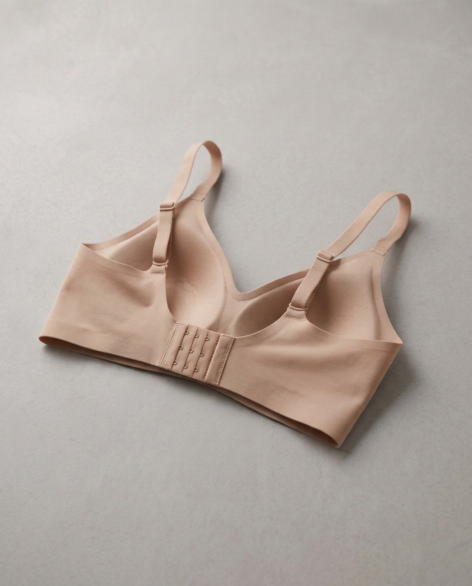 Reggiseno Tenuta Nudo visto di tre quarti dal retro: 4 ganci, fasce laterali, spalline regolabili